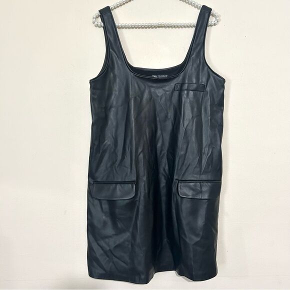 Zara Black Vegan Leather Pinafore Overall Dress SIZE SMALL - Picture 3 of 7